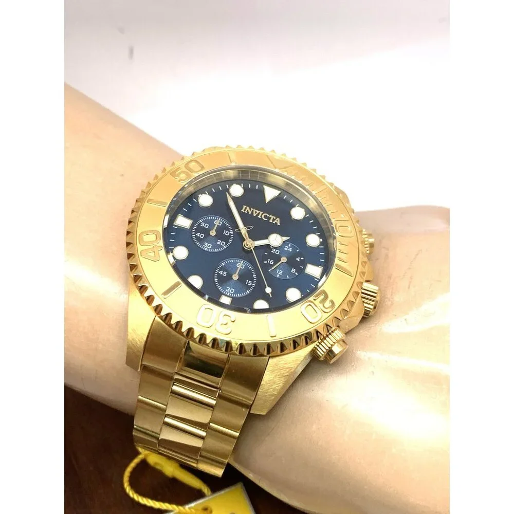 Invicta Men's Watch 36974 Pro Diver Quartz Chronograph Gold Steel Blue Dial 47mm